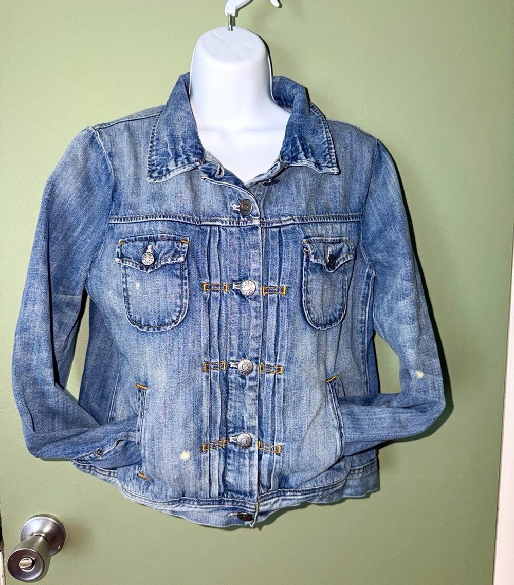 J.CREW Women's Blue Denim Jacket M Button Front Pockets Collared Classic Short